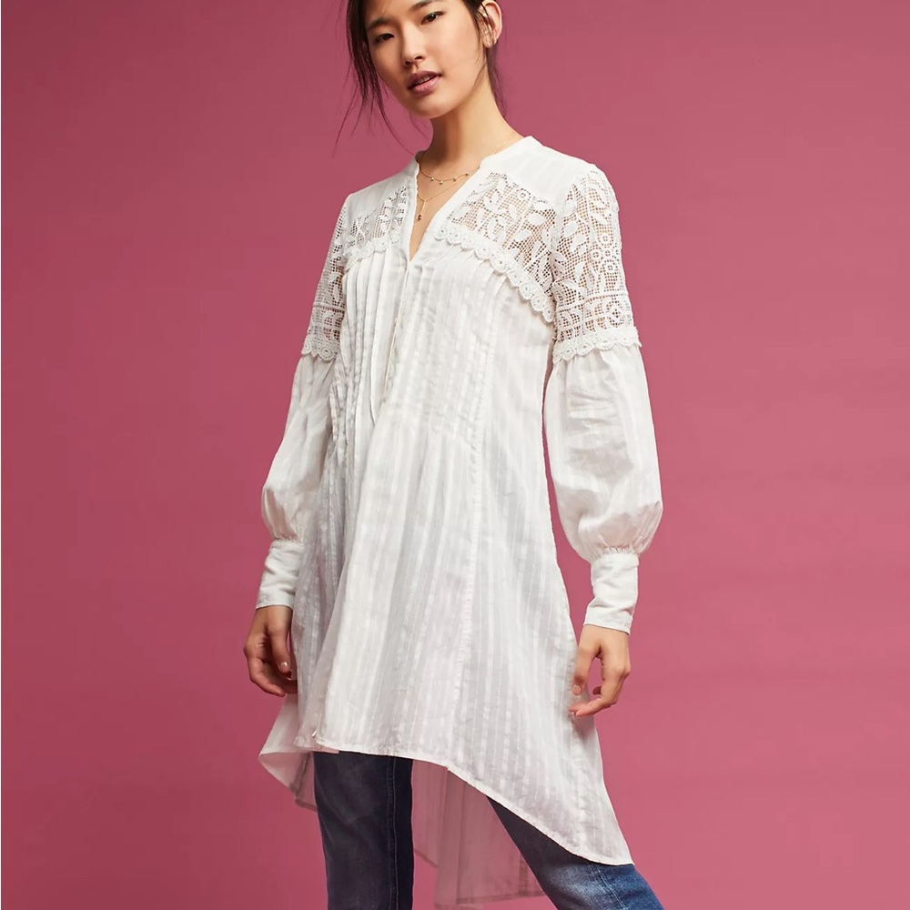 Anthropologie Feather Bone Lucille Pintucked Lace Tunic, Ivory White‎ Blouse XS